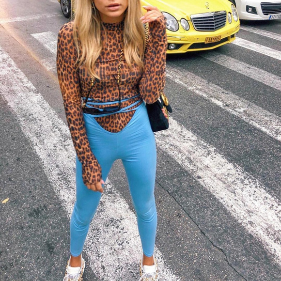 Blue Retro Tie Strap High Waist Leggings - Picture 2 of 7